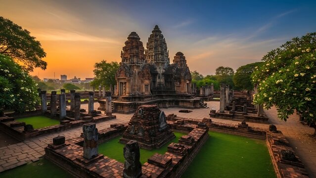 Ancient temple complex at sunset Asia.