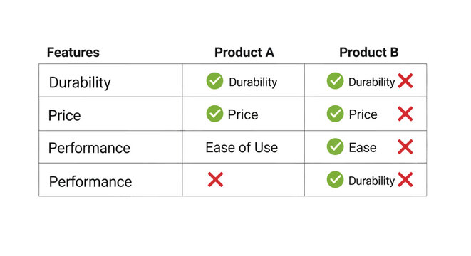 Product comparison chart showing features, price, durability, and performance with checkmarks and crosses