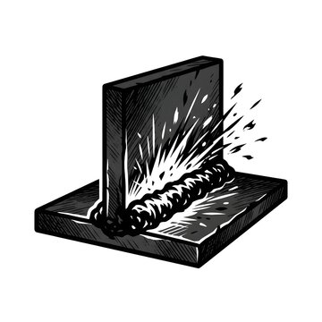 Industrial weld joint icon showing T-junction metal connection with welding bead and sparks, black and white professional vector illustration.
