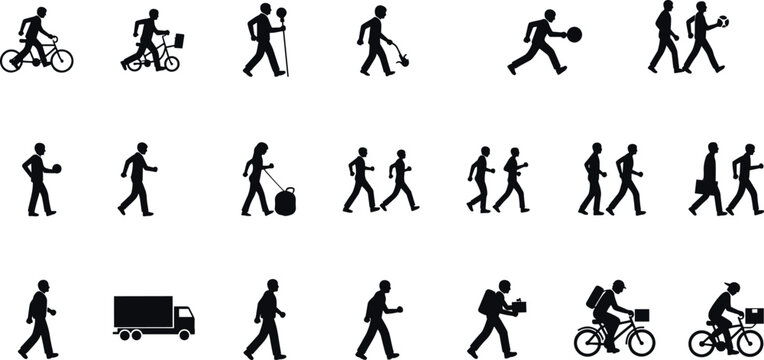 Black silhouettes of diverse people walking, running, cycling, carrying bags, pushing objects, and driving truck showing urban transportation lifestyle design