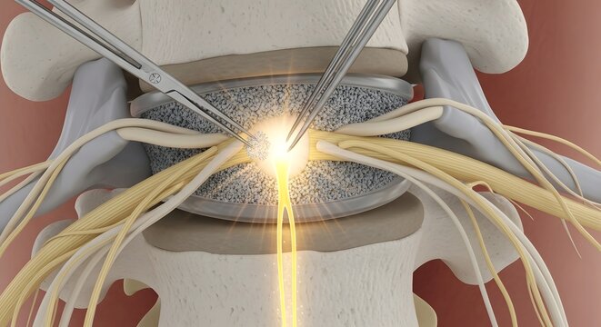 Minimally invasive spinal decompression surgery relieving nerve compression medical illustration