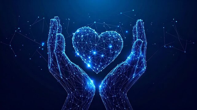 A glowing, digital heart held by wireframe hands against a blue background