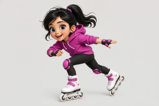 3D cartoon child roller skating in protective gear, captured in a fast dynamic motion while wearing a blue hoodie and white skates on a clean light background.