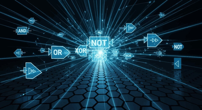 Digital logic gates (AND, OR, NOT, XOR) floating in a futuristic blue cyberspace with glowing lines and a hexagonal grid.