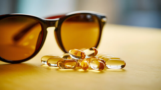 A pair of sunglasses and a pile of vitamin pills on a table