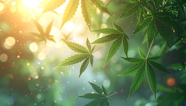 A serene scene of cannabis leaves against a blurred bokeh background