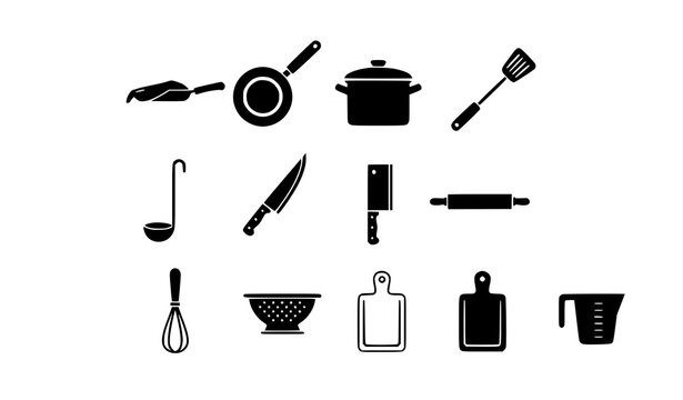 Cooking silhouette icon vector set with pan pot utensils and kitchen symbols black designMinimal cooking silhouette icon vector set with kitchen pan pot and utensil symbols