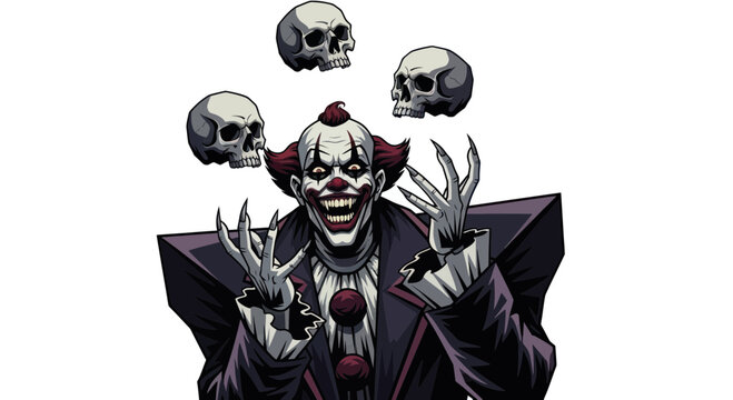 Creepy Clown Juggling Skulls, Horror Character, Dark Circus, Evil Jester