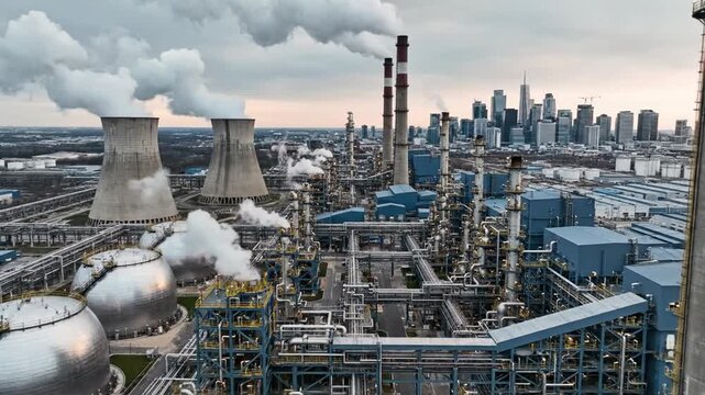 Industrial refinery with cooling towers, spherical tanks, and city skyline