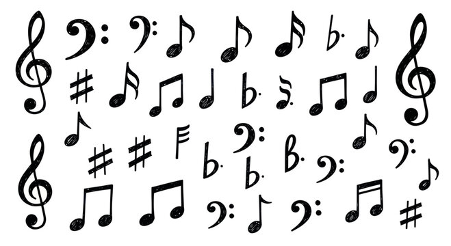 Hand-drawn musical notes, symbols, and clefs on white background
