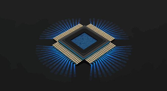 A close-up view of a modern microchip with a blue core emitting light rays, symbolizing data processing and advanced technology.