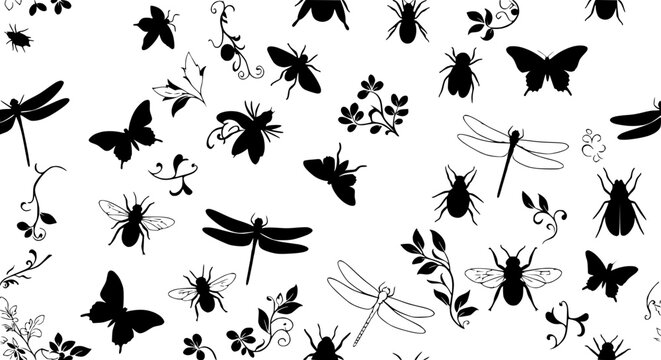Seamless Pattern with Black Silhouettes of Insects and Floral Elements on White Background