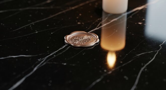 Wax Seal Melting Under Candle Flame on Dark Marble Surface.