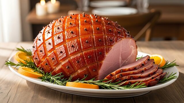 Glazed ham on a decorative plate.