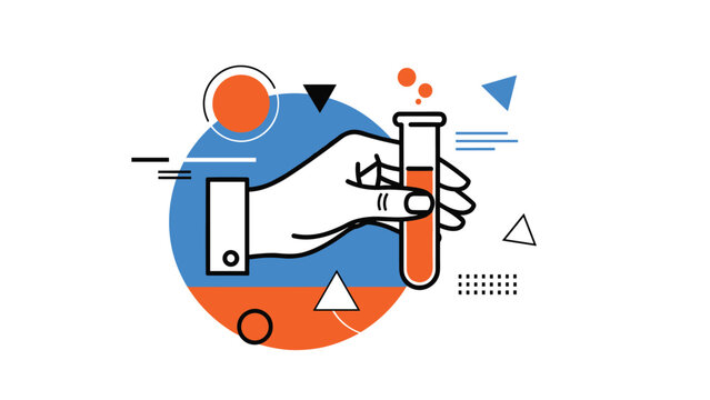 Creative illustration of a hand holding a glass test tube filled with orange liquid against blue and orange abstract shapes.