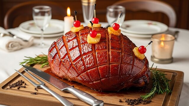 Glazed ham on wooden serving board.