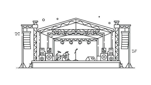 Detailed line drawing of a professional concert stage includes trusses for lighting, large speaker arrays, and a drum kit.