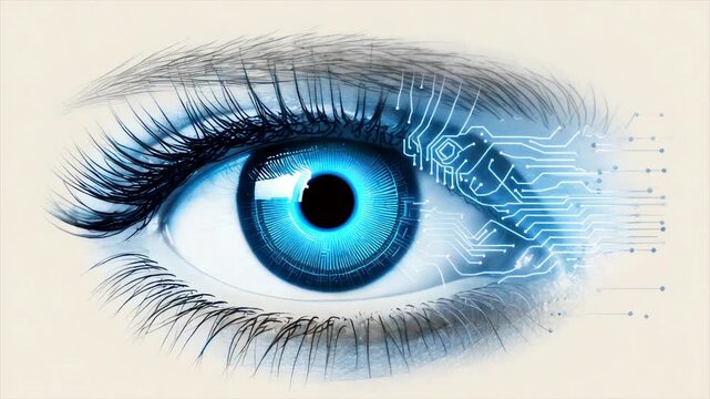 A close-up of a human eye with digital circuitry overlaid on the iris