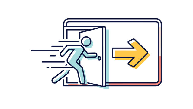 Emergency exit icon featuring a person running through a doorway with a large yellow arrow indicating the path.