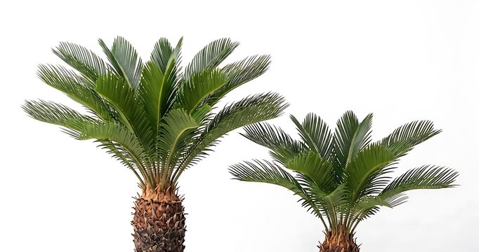 Two sago palm plants in terracotta pots isolated on white background