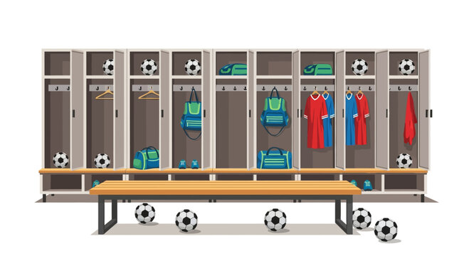 Soccer team locker room with open lockers and sports equipment.