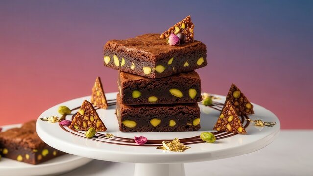 Stack of rich chocolate brownies with pistachio nuts on a white cake stand with chocolate drizzle and gold leaf