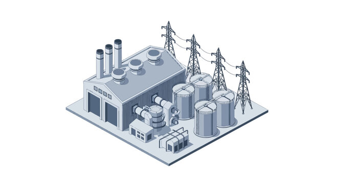 Industrial power plant isometric illustration. Modern factory complex with smokestacks, storage tanks, and electricity pylons depicting energy generation infrastructure