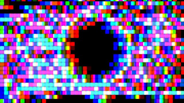 Vibrant multicolor pixel mosaic pattern with dark circular void glowing in the center