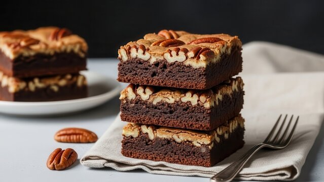 Stack of homemade chocolate pecan brownies on a napkin with a fork