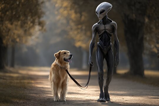 Cinematic portrait of a grey alien walking a golden retriever dog in a sunlit park, humorous science fiction lifestyle concept