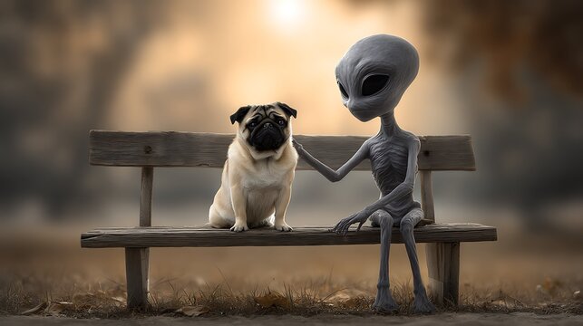 Humorous cinematic shot of a grey alien sitting on a park bench petting a skeptical pug dog, surreal friendship concept