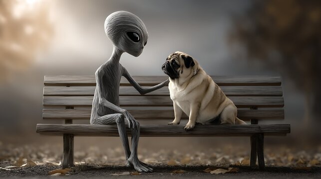 Humorous cinematic shot of a grey alien sitting on a park bench petting a skeptical pug dog, surreal friendship concept