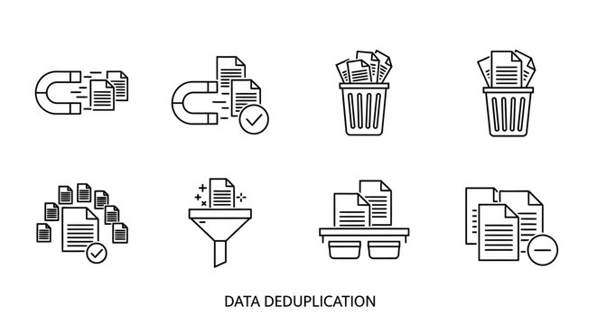 Data deduplication process icons set.