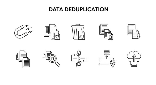 Data deduplication software icons set.