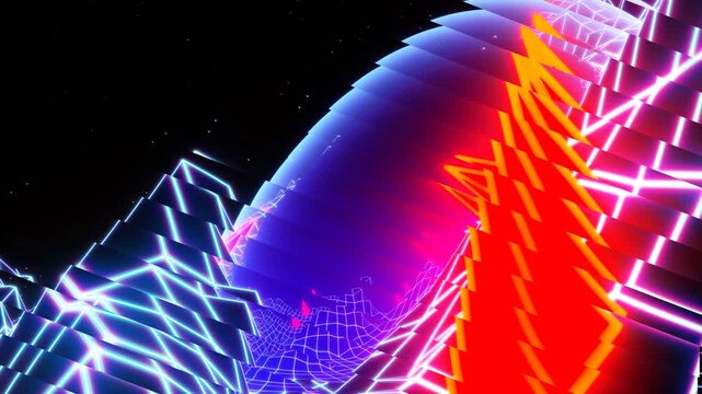 Futuristic 3D neon wireframe sphere glowing with red and blue light in retrowave sci-fi landscape
