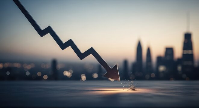 Downward trending financial arrow indicating economic slowdown and market decline over city skyline at sunset
