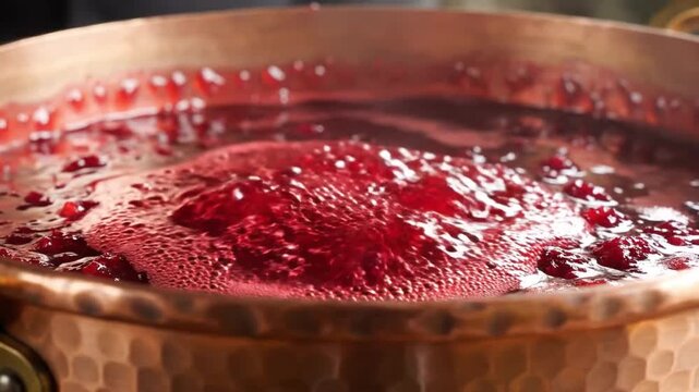 Boiling Raspberry Jam In Copper Pot, Velvety Red Bubbles Rising And Steam Curling Over Hammered Copper Surface, Rustic Kitchen Mood With Slowcook Artisan Method, Sugar Caramelizing Into Glossy