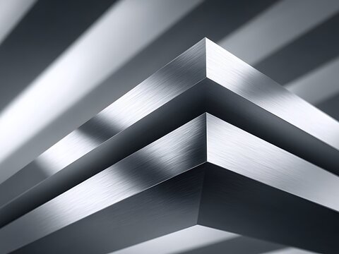 Abstract geometric composition of brushed aluminum profiles, industrial metal corner detail with sharp lines and shadows