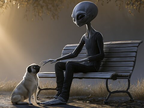 Friendly Alien Sitting on Park Bench and Meeting a Cute Dog