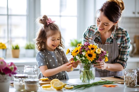Mutter und Tochter arrangieren gemeinsam gelbe Blumen in heller K&uuml;che