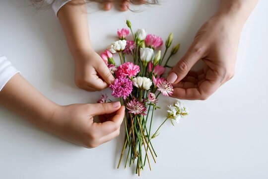 H&auml;nde von Mutter und Kind binden gemeinsam einen Blumenstrauss von oben