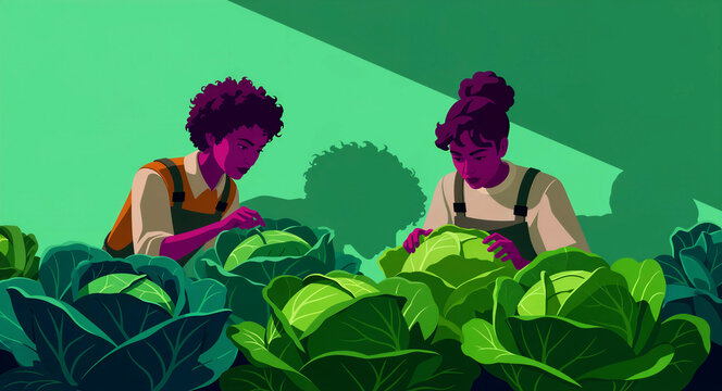 Two diverse female farmers harvesting fresh cabbages in a field. Women in overalls tending to organic crops in a stylized art style. Sustainable agriculture and community gardening concept.