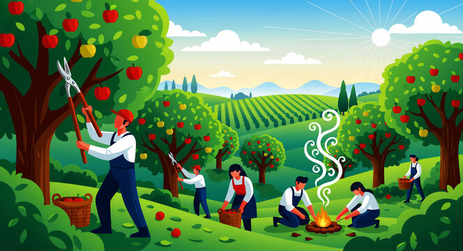 Farmers harvesting apples in a vibrant orchard landscape. People picking fruit and pruning trees in a sunny rural countryside. Agriculture and teamwork concept for food production marketing.