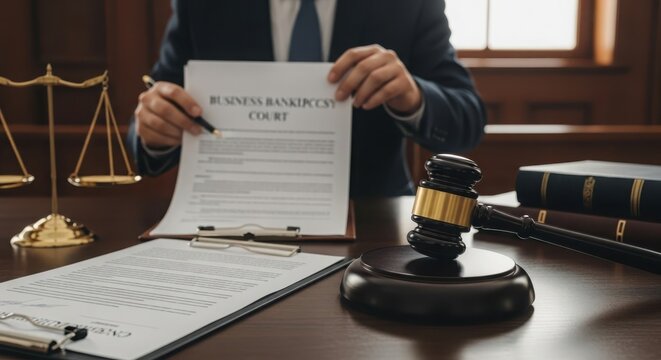 Lawyer Holding Business Bankruptcy Court Document Beside Gavel