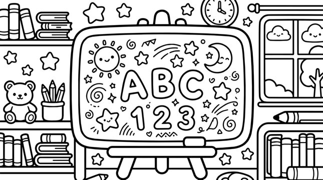 Chalkboard with ABC and 123 text surrounded by stars and sun