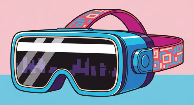 Virtual Reality Headset with Colorful Strap and Reflection.