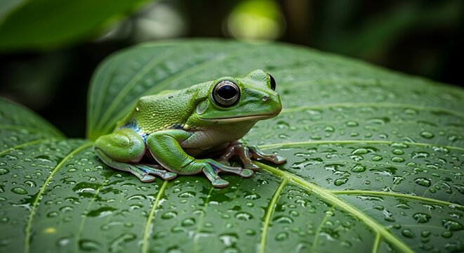 Green Tree Frog on Leaf.