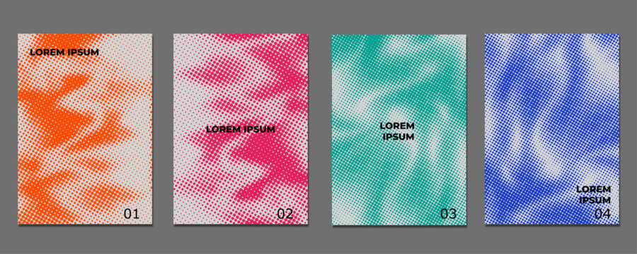 Abstract colorful halftone liquid wave patterns set with ripple distortion in modern vibrant style