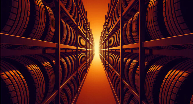 Rows of car tires on industrial shelves in a warehouse. Symmetrical perspective of automotive parts storage with warm lighting. Logistics concept ideal for tire shop and supply chain marketing.