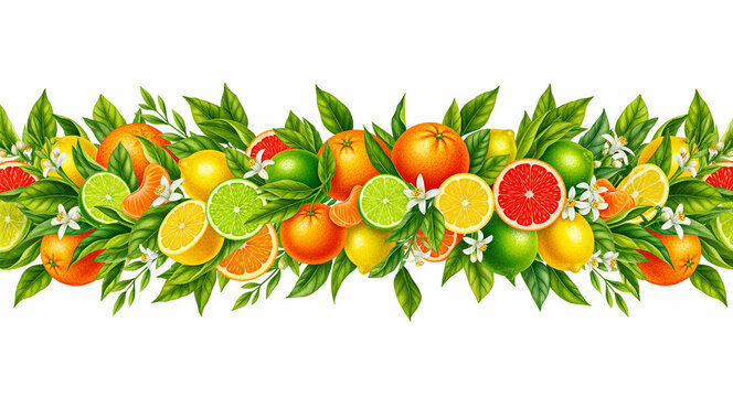 Watercolor citrus fruit border with oranges, lemons, limes, and leaves. Hand-painted botanical illustration featuring blossoms and fruit slices on white. Fresh summer banner ideal for food branding.